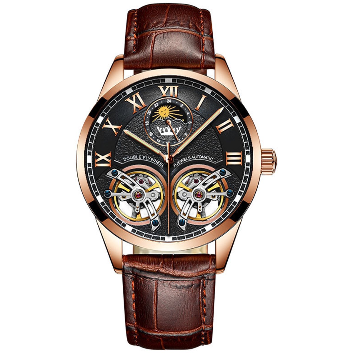 Victorious Bruin Leren Heren Horloge met Zwart Staal en Brons Accenten - Infinity - Ø41mm