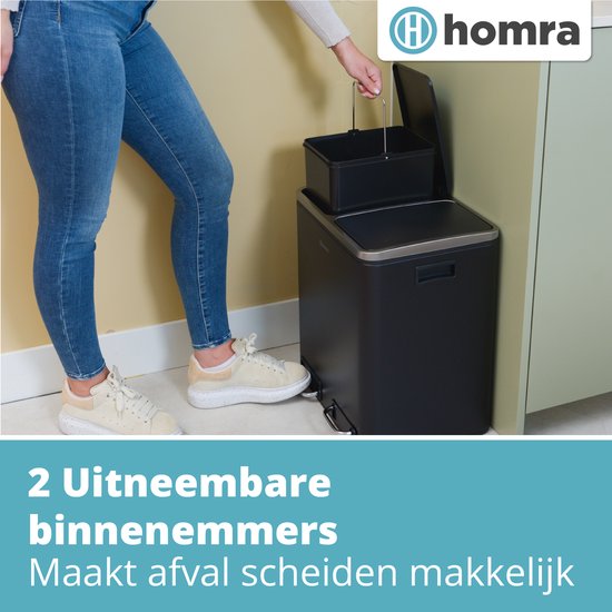 Poubelle à tri sélectif Homra SPARQ avec 3 compartiments - Contenu 3 x 18 L - Poubelle trio à pédale en noir - Poubelle 54 litres