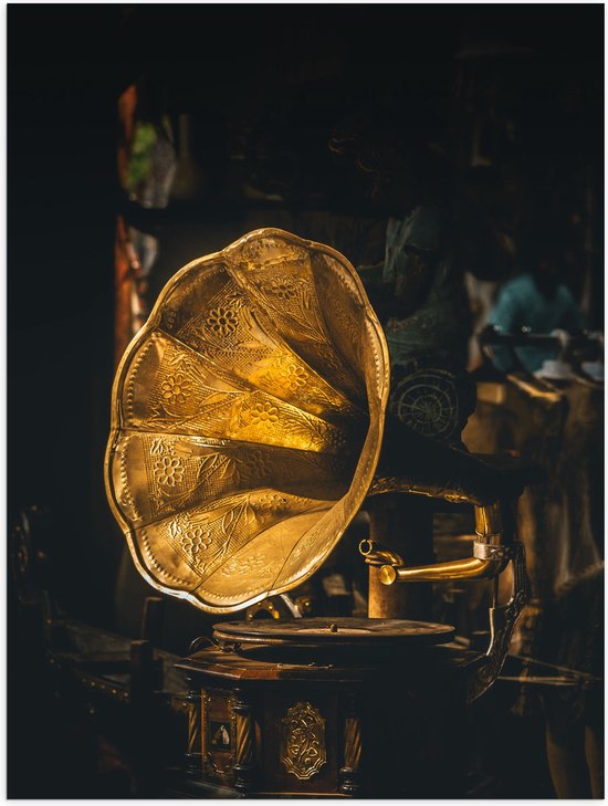 Poster Glanzend – Gouden Glimmende Grammofoon - 60x80 cm Foto op Posterpapier met Glanzende Afwerking