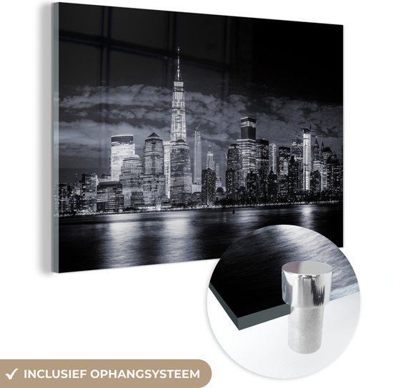 Glasschilderij - Skyline - Verlichting - New York - Zwart - Wit - Schilderij glas - Foto op glas - 60x40 cm - Glazen schilderij - Muurdecoratie