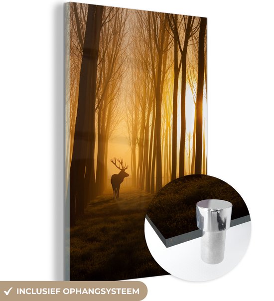 ® Glasschilderij 60x90 cm - Schilderij acrylglas - Natuur - Hert - Dieren - Zonsondergang - Bos - Bomen - Foto op glas - Muurdecoratie woonkamer - Wanddecoratie slaapkamer - Schilderijen