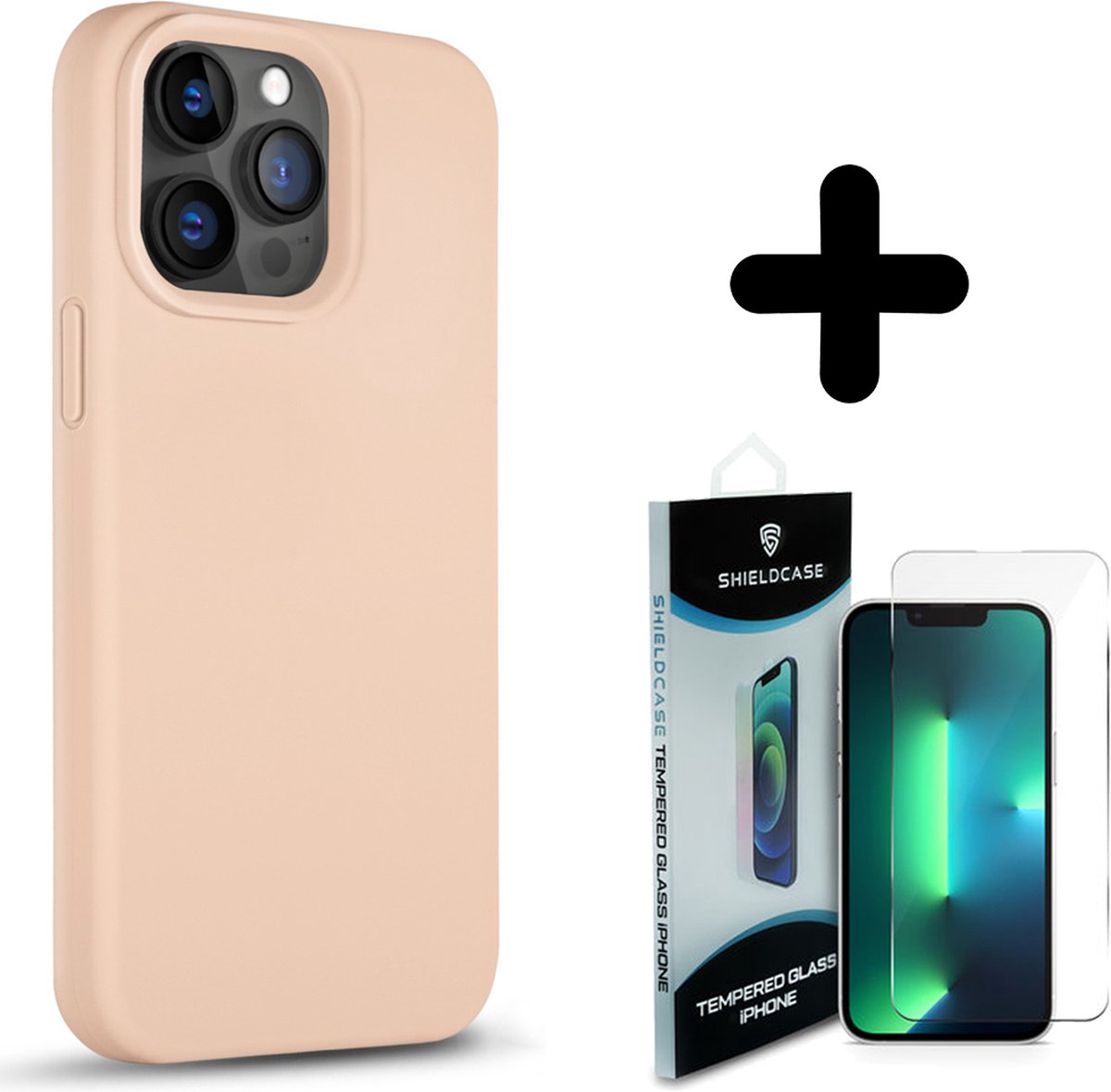 Coverzs Solid silicone case geschikt voor iPhone 14 Pro (zacht roze) + ShieldCase screenprotector - beschermglas iPhone bescherming - iPhone case bescherm hoesje + Screenprotector