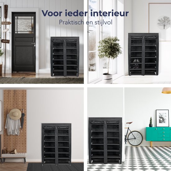 Collage van een zwart stoffen schoenenrek in verschillende interieurs.