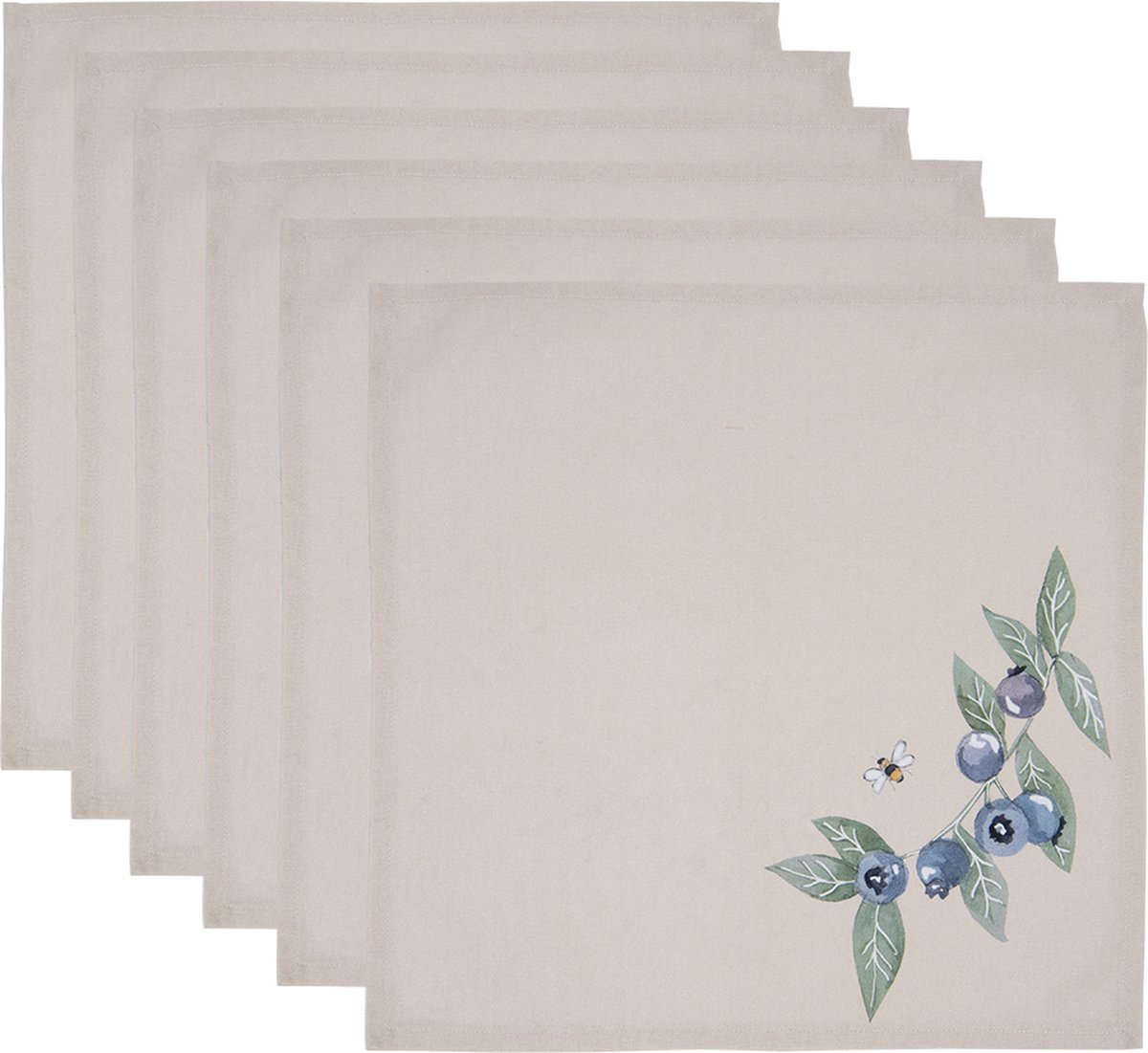 HAES deco Set van 6 Servetten (Textiel) formaat 40x40 cm kleuren Beige Blauw Groen van 100% Katoen Collectie: Blueberry Fields