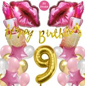 Snoes Mega Beauty Helium Ballonnen Set 9 Jaar - Roze Helium Folieballonnen - Slinger Happy Birthday Goud