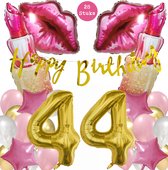Snoes Mega Beauty Helium Ballonnen Set 44 Jaar - Roze Helium Folieballonnen - Slinger Happy Birthday Goud