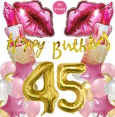 Snoes Mega Beauty Helium Ballonnen Set 45 Jaar - Roze Helium Folieballonnen - Slinger Happy Birthday Goud