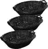 Broodmandje ovaal - 3x - zwart - 43 x 35 x 12 cm - mandje rotan/riet - broodmanden/serveermanden