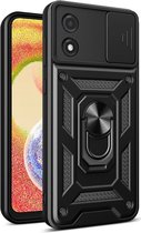 Hoesje met Camera Slider Geschikt voor de Motorola Moto E13 - Back Cover met Standaard - Uitklapbare Kickstand Ring - Beschermhoes TPU - Magneet voor Auto Houder Zwart