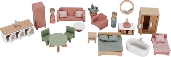 Losse meubels en poppetjes voor een houten poppenhuis, inclusief bed, bank, tafel en keuken.