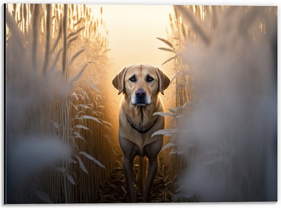 Dibond - Lichtbruine Hond tussen de Hoge Grassen in Weiland - 40x30 cm Foto op Aluminium (Met Ophangsysteem)