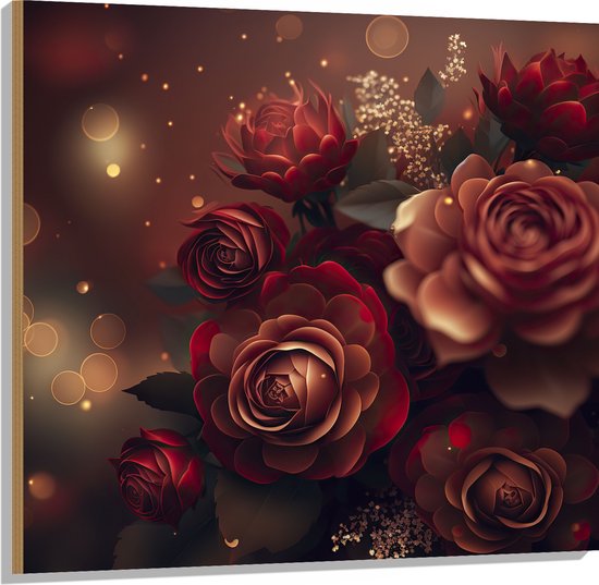 Hout - Magisch Rood Bloemenboeket - 100x100 cm - 9 mm dik - Foto op Hout (Met Ophangsysteem)