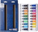 Une boîte en carton bleue de Winsor & Newton avec deux tubes marron et une boîte de 20 tubes de peinture à l'aquarelle.