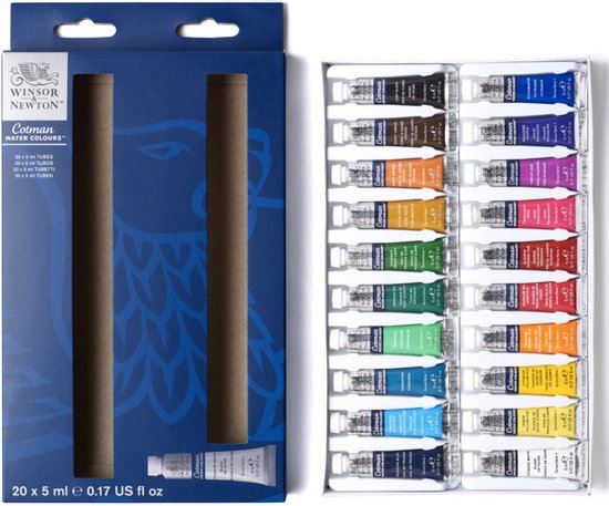 Une boîte en carton bleue de Winsor & Newton avec deux tubes marron et une boîte de 20 tubes de peinture à l'aquarelle.