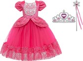 Prinsessenjurk meisje - Roze - Verkleedjurk - maat 92/98 (100) + Kroon - Toverstaf - Verjaardag - Kleed - Cadeau - Speelgoed