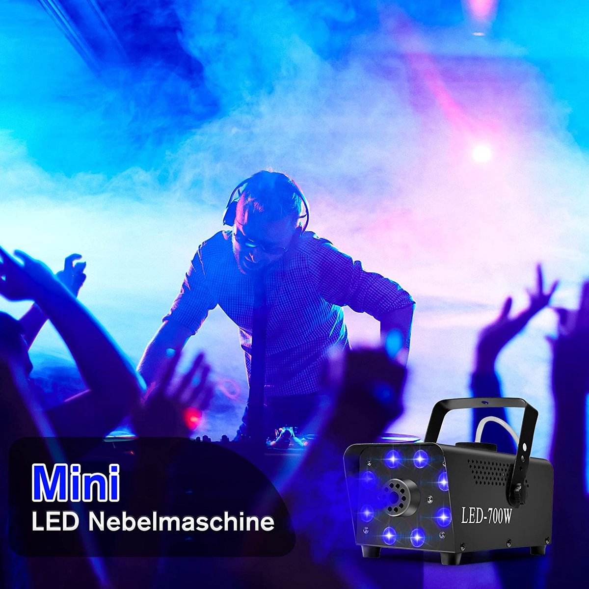 Katomi 700W Mistmachine RGB-effect, 13 kleuren, 8 ledlampen, rookmachine, mini-mist/rookmachine met 2 bedrade en draadloze afstandsbedieningen voor DJ Disco Party, Halloween, bruiloften Kerstmis