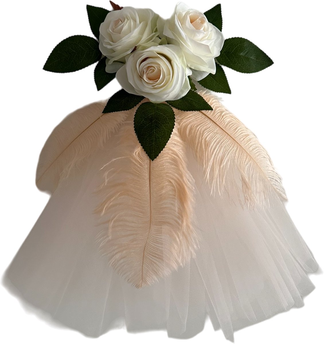 AUTODECO.NL - MIA BOHO CHAMPAGNE KLEUR -Buitenspiegel decoratie 2 stuks - Trouwauto Versiering Rozen met Tule - Bloemen op de Auto Bruiloft - Buitenspiegels Decoratie - Huwelijk - Bruiloft Decoratie - Versiering Spiegel Auto - Autoversiering