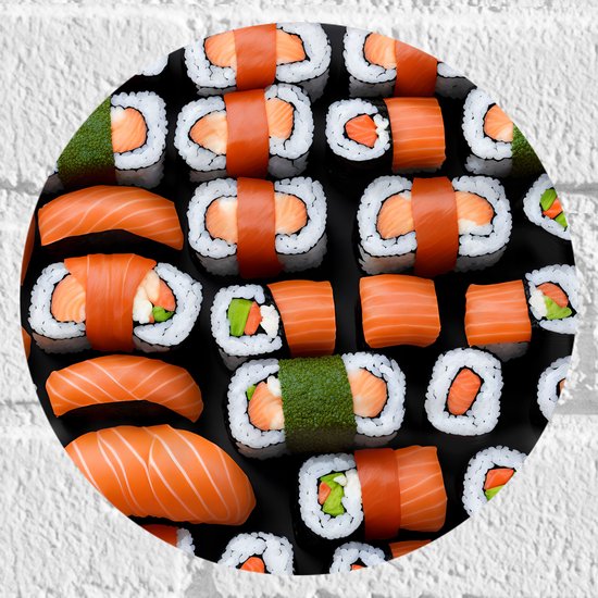 Muursticker Cirkel - Patroon van Verse Japanse Sushi - 20x20 cm Foto op Muursticker