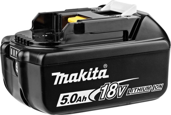 Zwarte Makita 18V 5.0Ah Li-ion accu met witte ontgrendelingsknop en tekst.