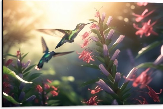 Dibond - Kolibries Vliegend bij Roze Plantgjes - 75x50 cm Foto op Aluminium (Met Ophangsysteem)