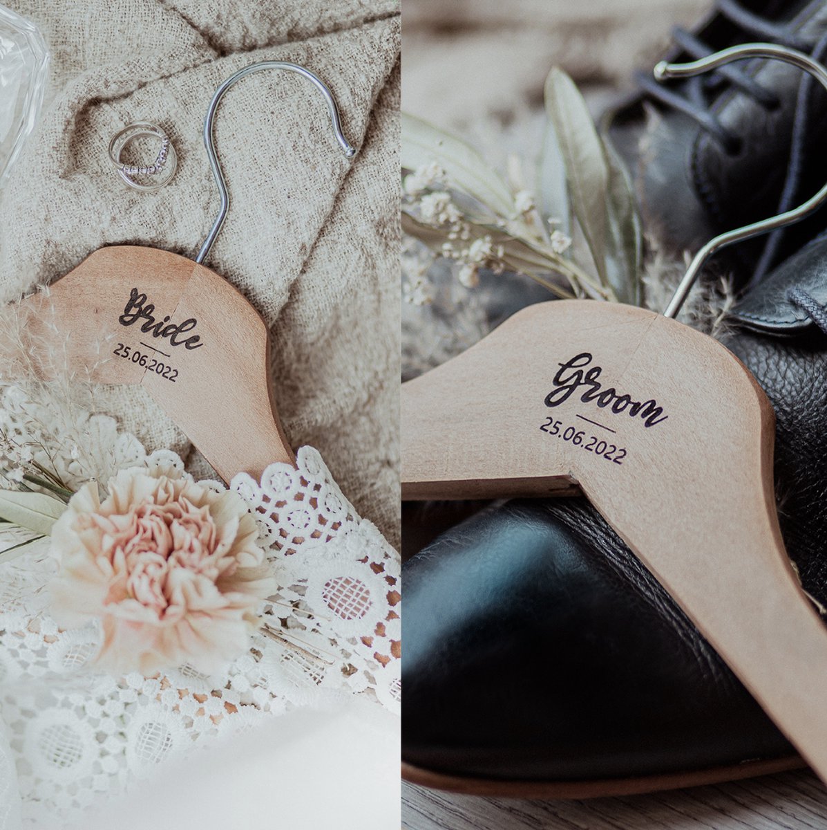 Bolletoet houten kledinghangers - bride & groom - trouwen