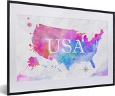 Fotolijst incl. Poster - Wereldkaart - Waterverf - Verenigde Staten - 60x40 cm - Posterlijst