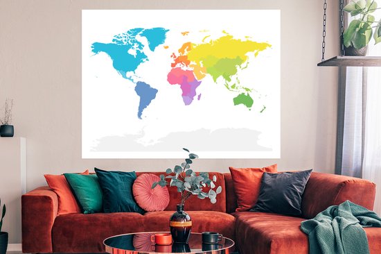 Affiche Carte du Wereldkaart - Arc-en-ciel - Wit - 160x120 cm XXL