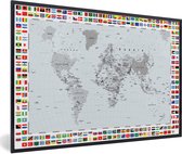 Affiche avec cadre Wereldkaart - Drapeau - Zwart - Wit - 120x80 cm