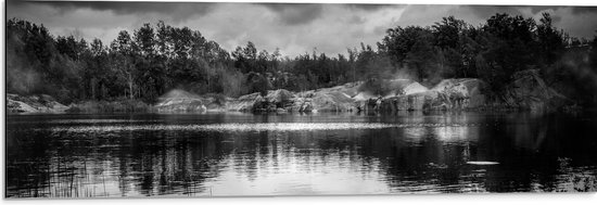 Dibond - Meer in het Midden van het Bos (Zwart-wit) - 90x30 cm Foto op Aluminium (Wanddecoratie van metaal)