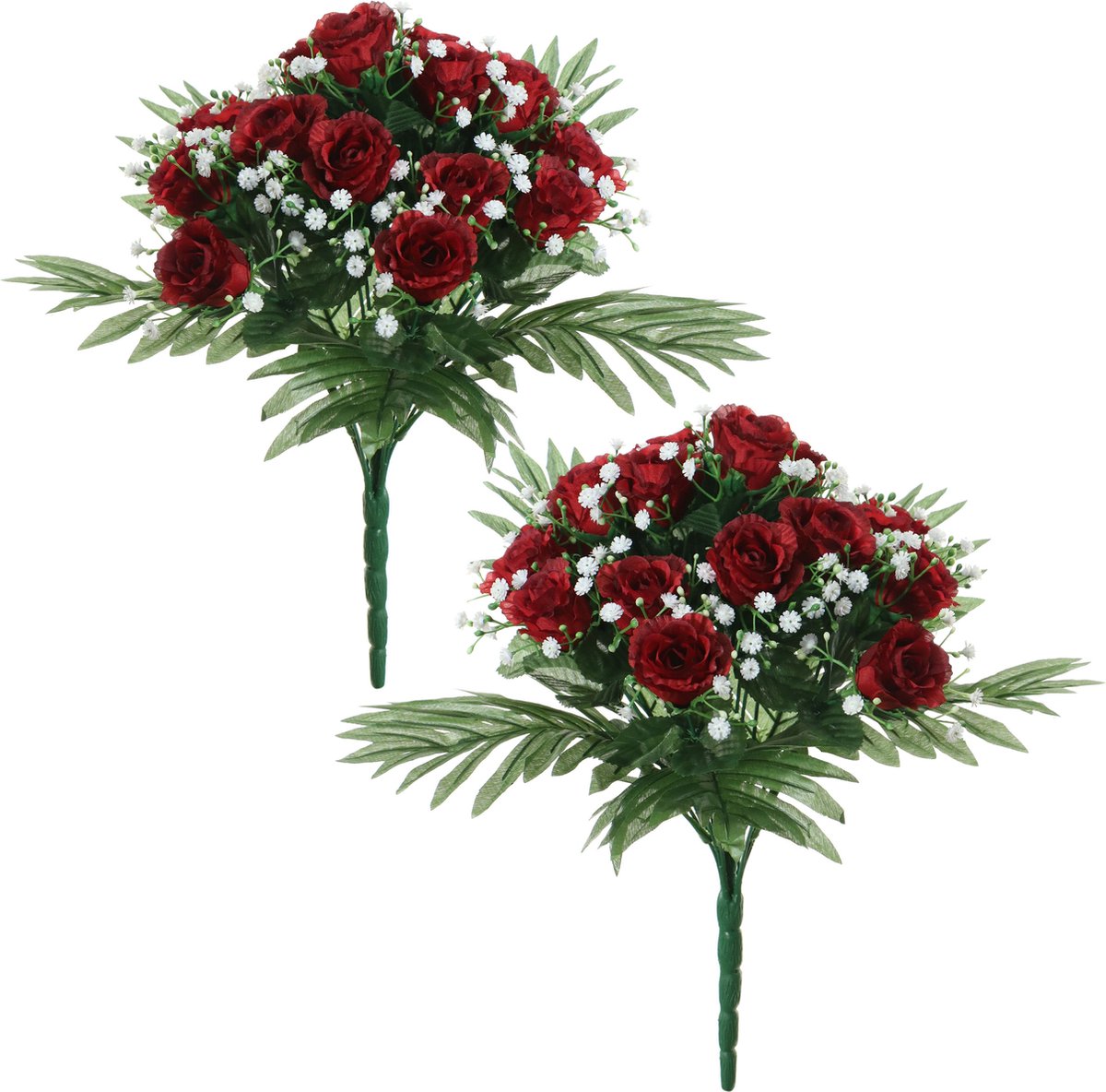 Louis Maes Kunstbloemen boeket rozen/gipskruid - 2x - rood - H36 cm - Bloemstuk - Bladgroen