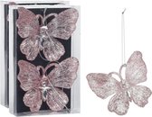 Christmas Decoration kersthangers vlinders - 4x - roze glitter - 15 cm