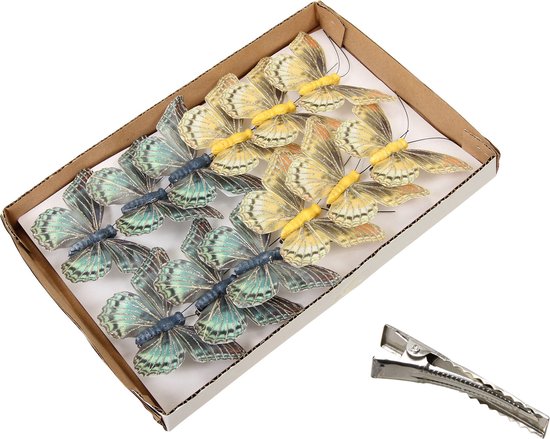 Othmar Decorations kerst decoratie vlinders op clip - 12x - groen/goud -9 cm
