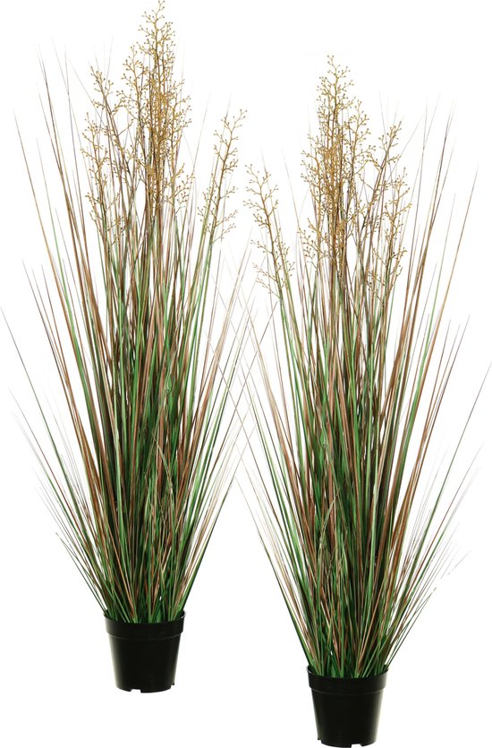 Louis Maes Quality kunstplant - 2x - Siergras met bes - groen/bruin - H120 cm - in pot