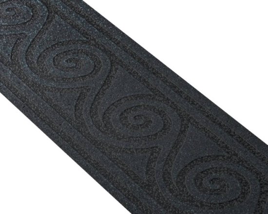 Zwart-grijze band met een glittertextuur en een grafisch spiraalpatroon.