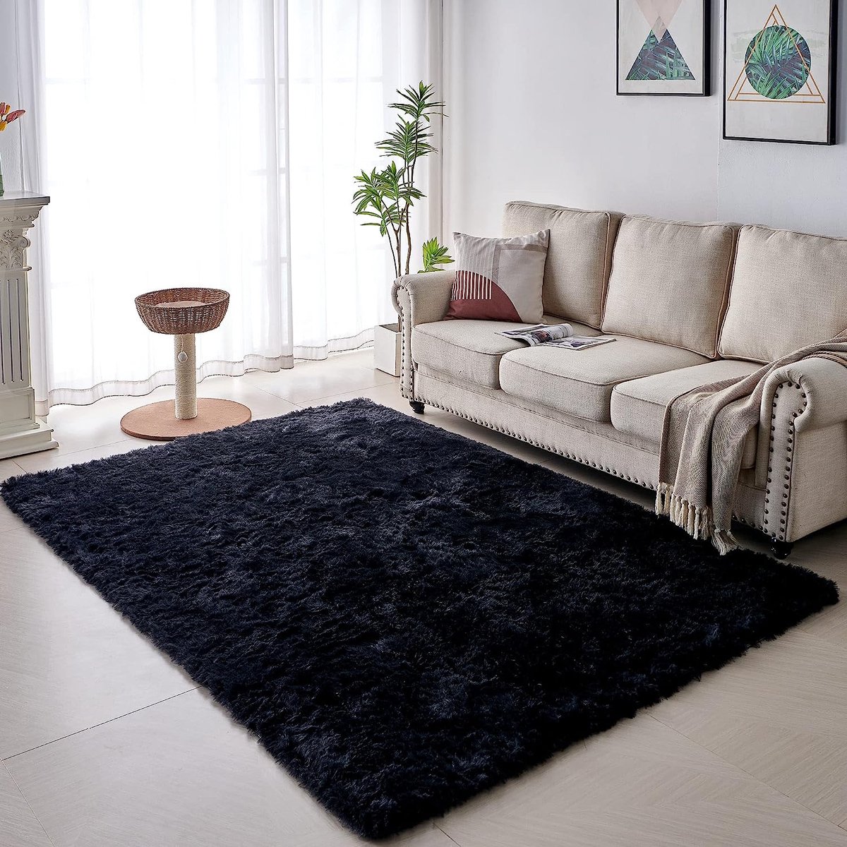 VOFUSHON Vloerkleed voor woonkamer, tapijten voor grote maten, moderne woonkamer, kinderkamer, meisjes, zacht en pluizig tapijt voor de slaapkamer (60 x 100 cm, zwart)