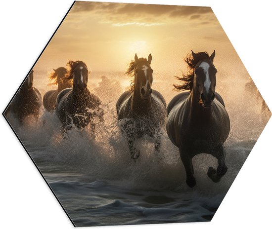 Dibond Hexagon - Vooraanzicht van Kudde Galopperende Paarden in de Zee - 60x52.2 cm Foto op Hexagon (Met Ophangsysteem)