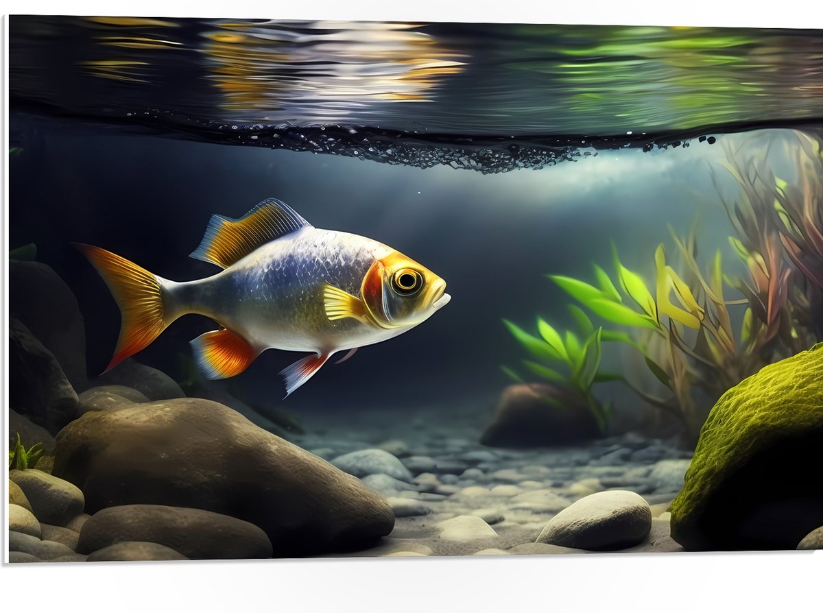 PVC Schuimplaat- Zilver met Oranjekleurige Vis Zwemmend in Aquarium - 75x50 cm Foto op PVC Schuimplaat