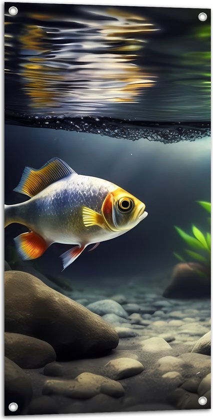 Tuinposter – Zilver met Oranjekleurige Vis Zwemmend in Aquarium - 50x100 cm Foto op Tuinposter (wanddecoratie voor buiten en binnen)
