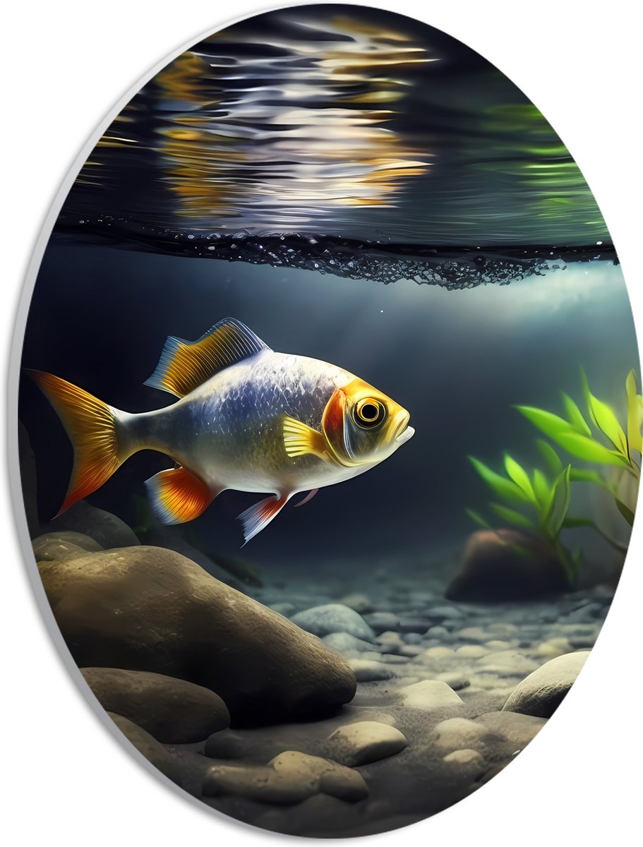 PVC Schuimplaat Ovaal - Zilver met Oranjekleurige Vis Zwemmend in Aquarium - 21x28 cm Foto op Ovaal (Met Ophangsysteem)