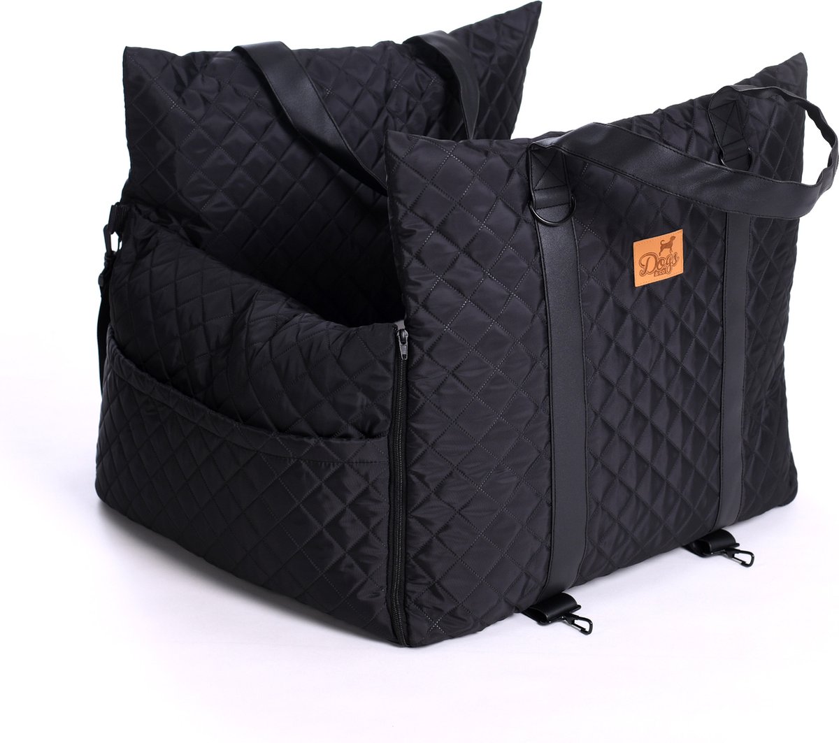 Dogs&Co® ROYAL+ Luxe Honden Autostoel Zwart Quilt – met Opbergzakjes & hondenriem – Autostoel Hond – Hondenmand – Hondenkussen – Hondenbed – Honden