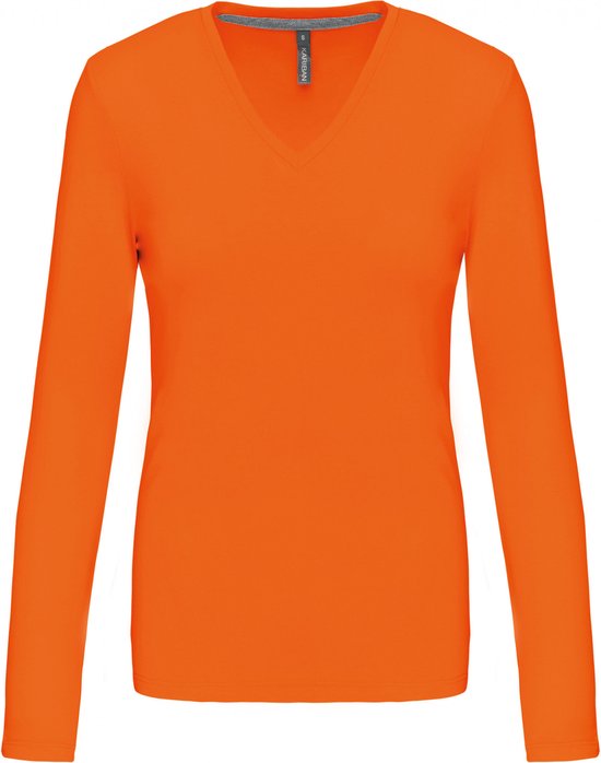 T-shirt Femme L Kariban Col V Manche longue Orange 100% Katoen