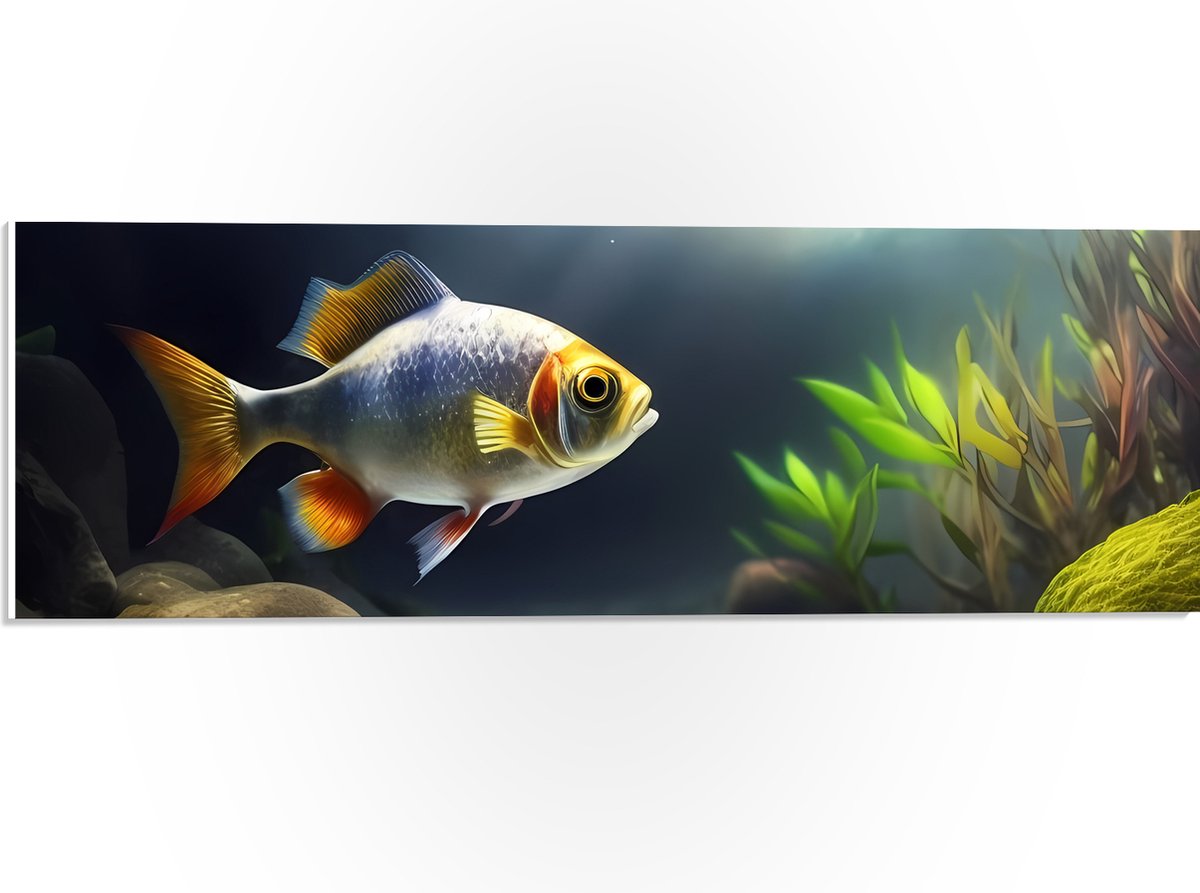 PVC Schuimplaat - Zilver met Oranjekleurige Vis Zwemmend in Aquarium - 60x20 cm Foto op PVC Schuimplaat (Met Ophangsysteem)