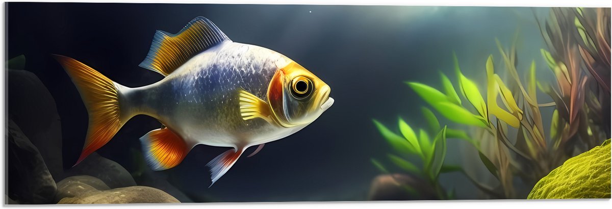 Acrylglas - Zilver met Oranjekleurige Vis Zwemmend in Aquarium - 90x30 cm Foto op Acrylglas (Met Ophangsysteem)