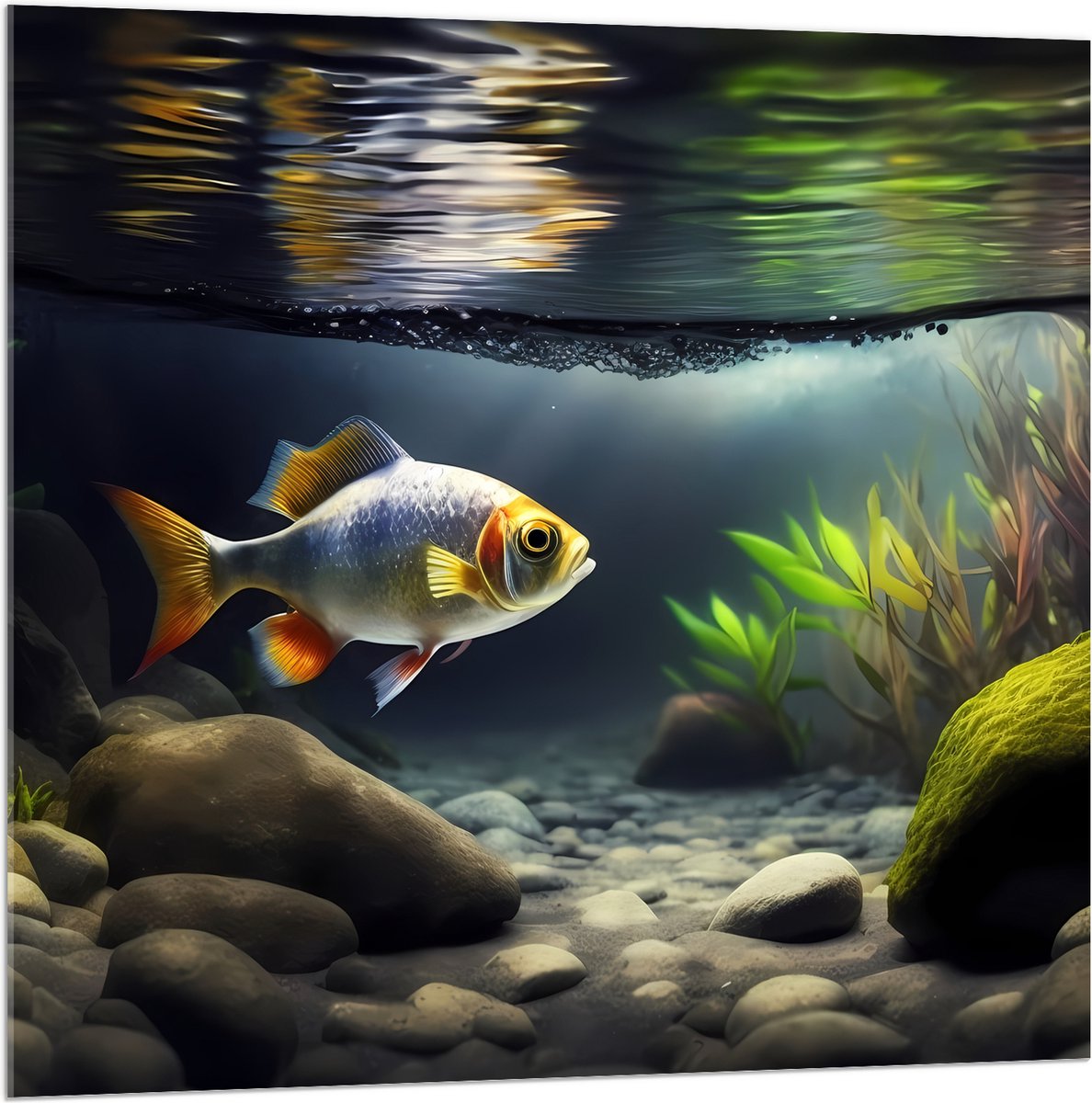 Acrylglas - Zilver met Oranjekleurige Vis Zwemmend in Aquarium - 100x100 cm Foto op Acrylglas (Wanddecoratie op Acrylaat)