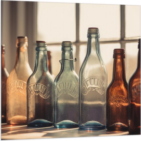 Vlag - Vintage Glazen Flessen voor Raamkozijn - 100x100 cm Foto op Polyester Vlag
