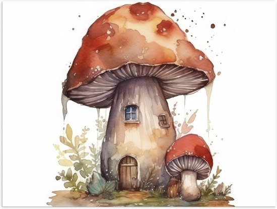 Poster Glanzend – Waterverf Tekening van Paddenstoelen Huisje - 80x60 cm Foto op Posterpapier met Glanzende Afwerking