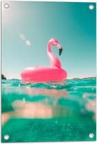 Tuinposter – Water - Blauw - Flamingo - Roze - 40x60 cm Foto op Tuinposter (wanddecoratie voor buiten en binnen)