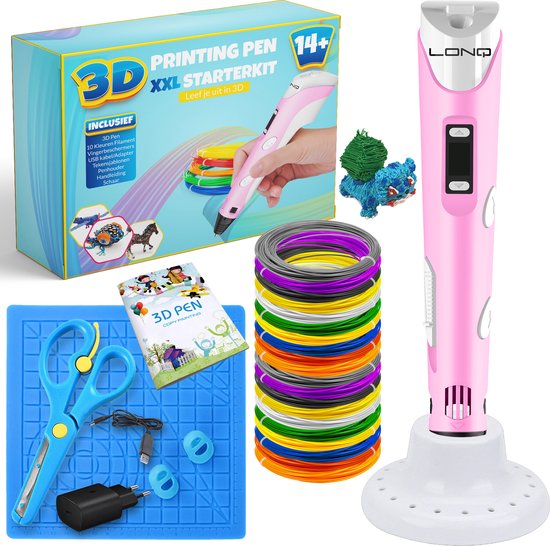 LONQ 3D Pen Starterspakket - Incl. 150 meter Filament - Tekenmat - Vingerbeschermers - Tekenboek - Adapter - Penhouder - Schaar - Kinderen en Volwassenen - Roze