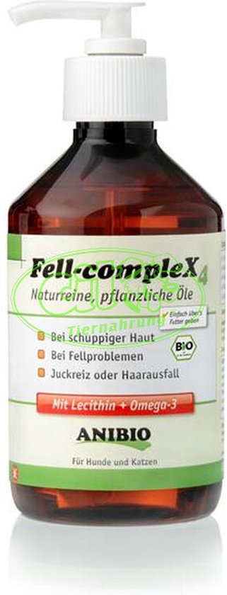 Bruine fles met pompdispenser, etiket met 'Fell-complex', 'Naturreine, pflanzliche Öle', 'Mit Lecithin + Omega-3'.