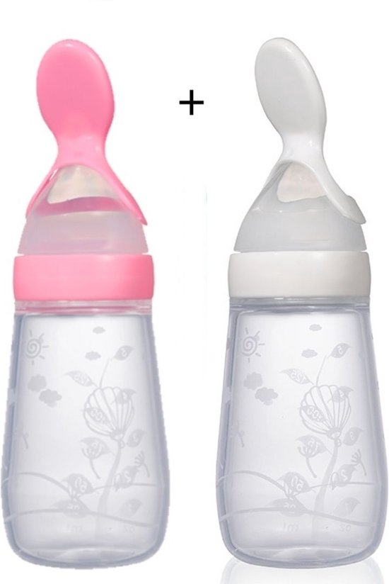 Babyflesje - Biberoia® 2x Knijpfles met lepel – Drinkfles - Baby – Kinderbestek - Kraamcadeau – Babyshower – Roze + Wit